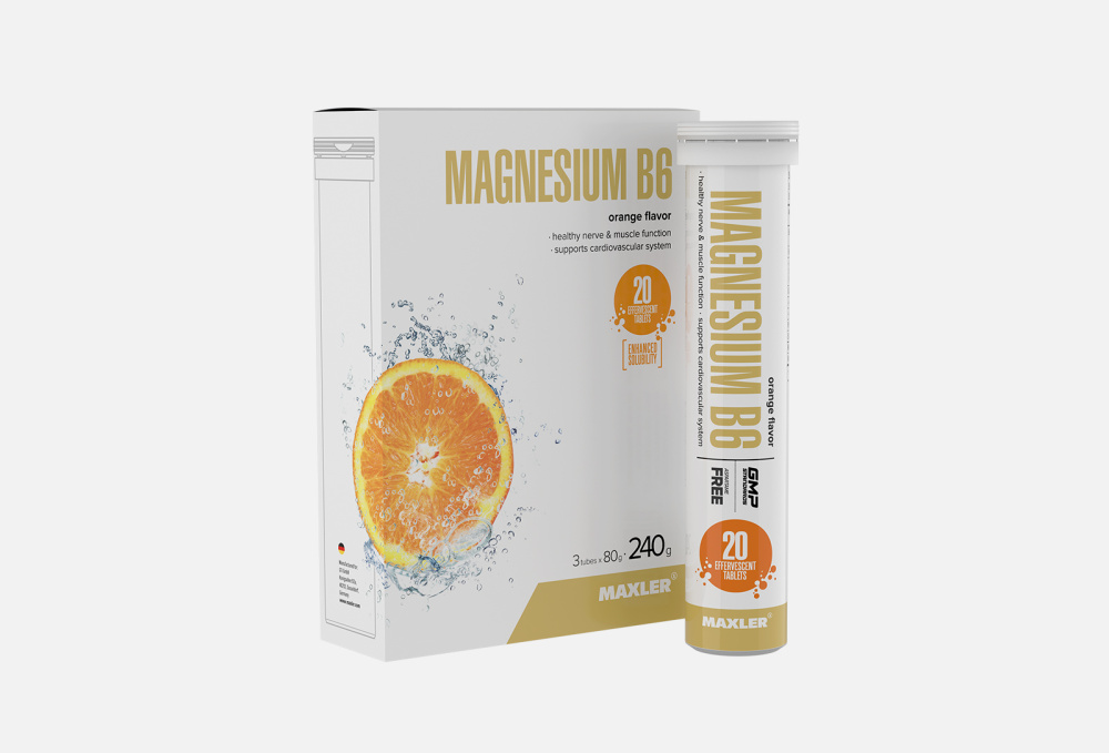 Витаминно-минеральный комплекс для поддержи сердечно-сосудистой системы MAXLER Magnesium B6, Апельсин, В Шипучих Таблетках 3*20 шт