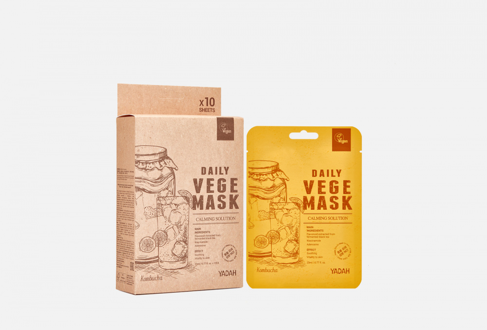 Набор успокаивающих тканевых масок для лица YADAH Daily Vege Mask Kombucha 10 шт