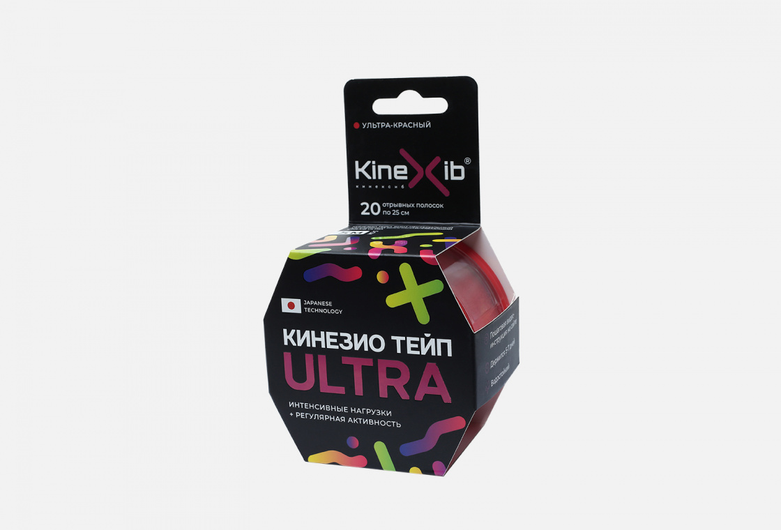 Тейп (бинт) нестерильный адгезивный восстанавливающий (полоски отрывные 25см) Kinexib Kinesio Tape ULTRA 5m*5cm red