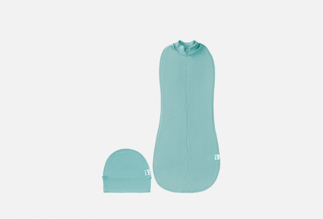 комплект детский (комбинезон - мешок и шапка) (интерлок) LEMIVE из двойного хлопкового трикотажа, бирюзовый