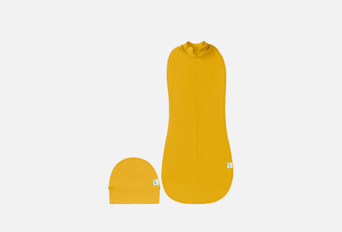 комплект детский (комбинезон - мешок и шапка) (интерлок) LEMIVE из двойного хлопкового трикотажа, горчичный