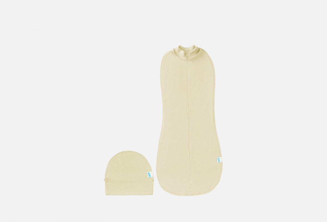 комплект детский (комбинезон - мешок и шапка) (интерлок) LEMIVE из двойного хлопкового трикотажа, молочный
